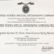 Norm Olson USSCOM Medal certificate