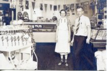 Interior photo of Barth Cash store with Ernest Barth & sister Irene Barth