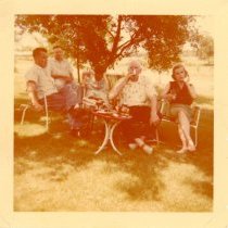 Martin McHugh, Patrick Hill and friends at a cabin