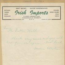 Thank you note to Brian Boru Irish Pipe Band from Irish Imports for perform