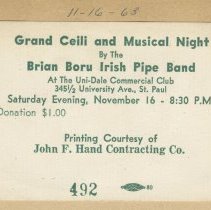 Ticket for "Grand Ceili and Musical Night by the Brian Boru Irish Pipe Band