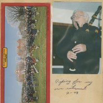 Photograph of unknown retiring Brian Boru piper and postcard photograph of
