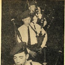 Two newspaper photos featuring members of the Brian Boru Irish Pipe Band