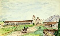 Artist's conception of Santa Barbara Mission with clock in 1835