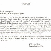 Memoirs, by Beulah Leach Cowles, written March 1980.