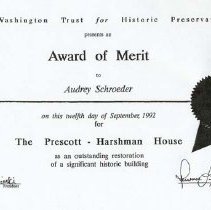 Award of merit to Audrey Schroeder for restoration of Prescott-Harshman House 1992