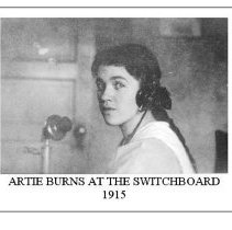 Artie Kelley, at switchboard of Harshman Telephone Co, Fall City 1915