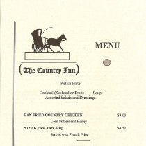 Menu for The Country Inn restaurant, Fall City, with history on the back