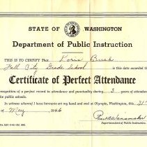 Cerificate of Perfect Attendance, Doris Bush