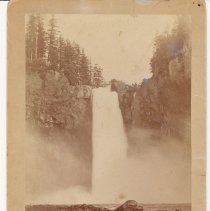Three people at base of Snoqualmie Falls, before 1889?