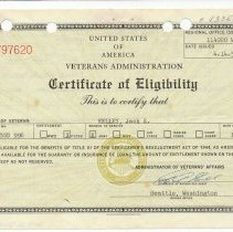 Jack Kelley's Certificate of Eligibility for military benefits, 1955