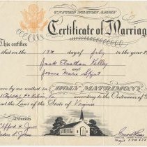 United States Army, Certificate of Marriage, Jack Kelley and Joanne Marie Spjut. 1953