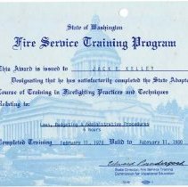 Jack Kelley, State of Washington Fire Service Training Program award: Laws, Budgeting and Administrative Procedures. 1978.
