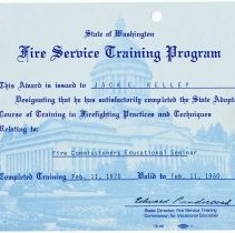 Jack Kelley, State of Washington Fire Service Training Program award: Fire Commissioners Educational Seminar. 1978.