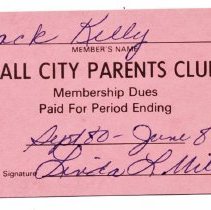 Jack Kelley's Fall City Parents Club membership card, 1980-81