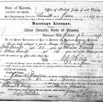Marriage license for Simon Bailey and Louisa Banks, 1879, Kansas