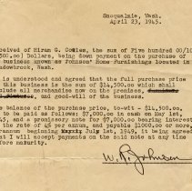 1945 Business sale by W.R. Johnson (Johnson Home Furnishings in Meadowbrood, WA) to Hiram G. Cowles, Fall City