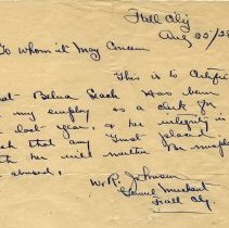 Letter of recommendation written in 1928 by W. R. Johnson for Beulah Leach, Fall City