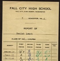 1926 Report Card, Fall City High School, for Beulah Leach.