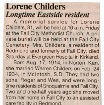 Obituary for Lorene Childers, Fall City