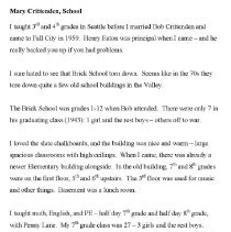 Two short writings by Mary Crittenden, one on teaching in Fall City School,