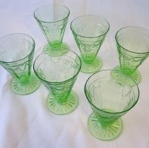 Depression glass, green beverage set, Artie Kelley, Fall City