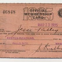 American Legion Membership card 1925, Jesse Kelley, Fall City
