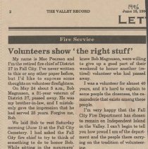 1996 letter honoring Bob Magnuson and volunteer firemen