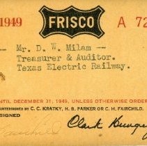 Annual Pass, Frisco - D. W. Milam, 1948-49, No. A7296 [front]