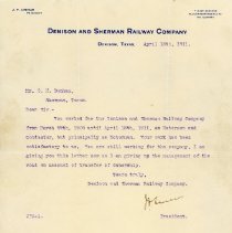 Letter from the Denison and Sherman Railway Company