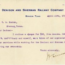 Letter about a check from the Denison and Sherman Railway Company