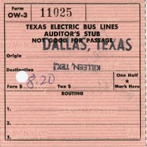 Texas Electric Bus Lines Auditor's Stub, No. 11025