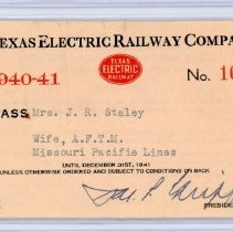 TER Annual Pass 1940-41, No. 1048, Mrs. J. R. Staley [front]