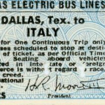 Texas Electric Bus Lines Ticket, No. 3379: Dallas to Italy