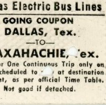 Texas Electric Bus Lines Ticket, No. 28447: Dallas to Waxahachie