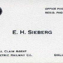 Business Card: E. H. Sieberg, General Claim Agent