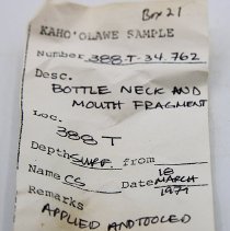 Artifact slip for bottle fragment
