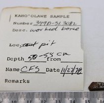 Worked bone fish hook tab with artifact slip and ruler