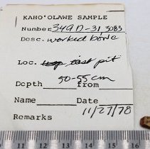 Fish hook tab fragment with artifact slip and ruler