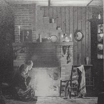 Zoe Wadsworth and Mary in front of Zoe's fireplace