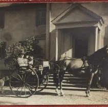 Man & Woman in Two Wheeled Horse Drawn Cart
