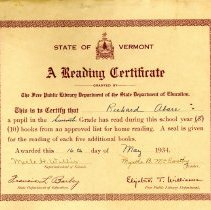 1934 School Reading Certificate