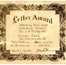 1937-1938 Cross Country Letter Award with award certificate