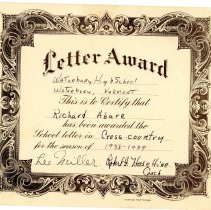1938-1939 Cross Country Letter Award with the award certificate