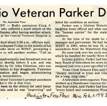 Newspaper article - "Radio Veteran Parker Dies"