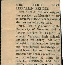 "Mrs. Alice Post, Librarian, Resigns"