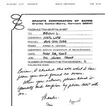 Fax from Granite Corp of Barre to Brian Lindner - Re: Dr. Henry Janes"