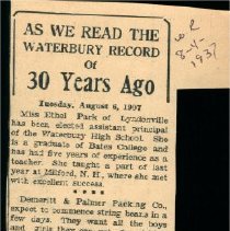 "As We Read The Waterbury Record of 30 Years ago"