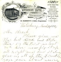 Hand letter written to Mr. Brock from B. Barrett of Waterbury Hotel.