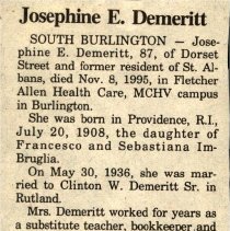 "Josephine E. Demeritt obituary"